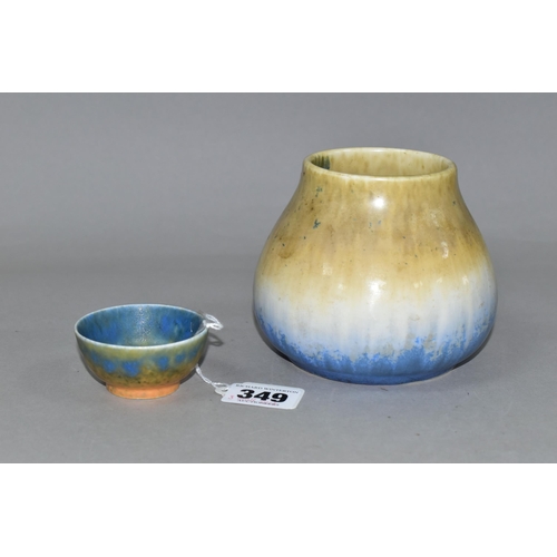 349 - TWO PIECES OF RUSKIN POTTERY, comprising a squat baluster crystalline glazed vase, in buff, white an... 