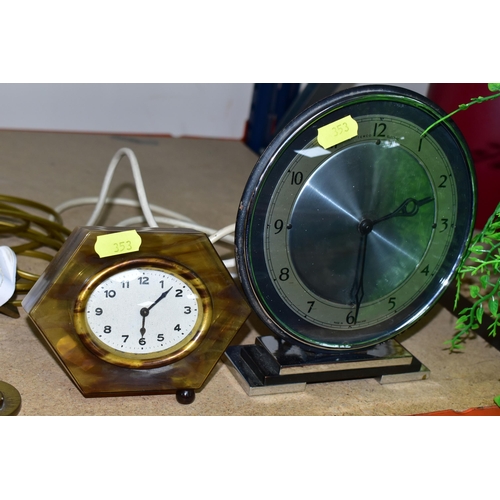 353 - A COLLECTION OF MID - CENTURY CLOCKS, comprising an Art Deco style arched mirrored electric clock ma... 