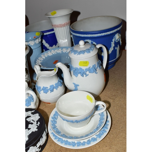 357 - A COLLECTION OF WEDGWOOD EMBOSSED QUEENSWARE, comprising a cream with blue decoration coffee pot (fa... 