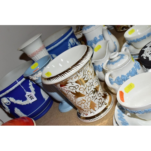 357 - A COLLECTION OF WEDGWOOD EMBOSSED QUEENSWARE, comprising a cream with blue decoration coffee pot (fa... 