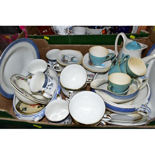 359 - SIX BOXES OF CERAMICS AND GLASSWARE, to include a Midwinter 'Cannes' pattern coffee pot, six cups, f... 