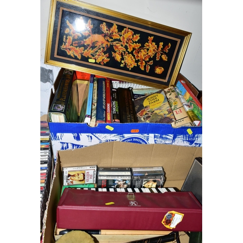 362 - THREE BOXES OF BOOKS, FRAMED PRINTS AND CDS, to include a Hohner Melodia piano 27, a Hohner Echo har... 