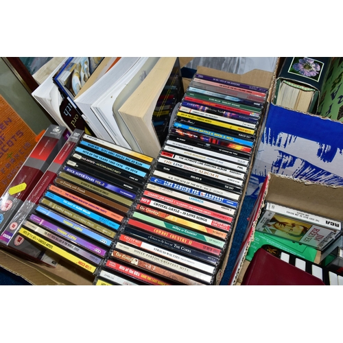 362 - THREE BOXES OF BOOKS, FRAMED PRINTS AND CDS, to include a Hohner Melodia piano 27, a Hohner Echo har... 