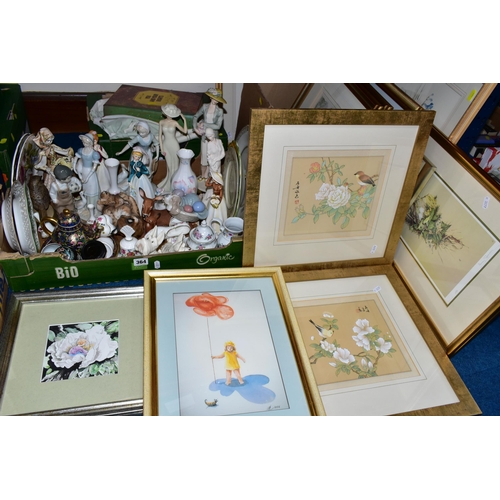 364 - THREE BOXES OF FRAMED PRINTS ORNAMENTS AND TABLE LINEN, to include a box of hand embroidered table l... 