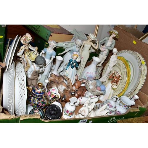 364 - THREE BOXES OF FRAMED PRINTS ORNAMENTS AND TABLE LINEN, to include a box of hand embroidered table l... 