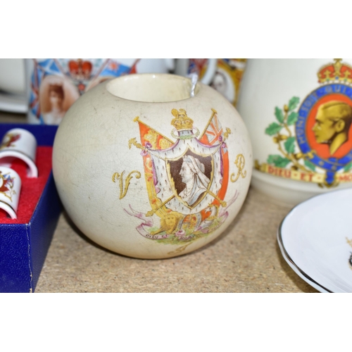 368 - A COLLECTION OF ROYAL COMMEMORATIVE CERAMICS AND EPHEMERA, comprising a spherical match holder to co... 