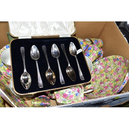 370 - THREE BOXES TEAWARES AND ORNAMENTS, to include a stainless steel meat caring dish, a set of Royal Wi... 