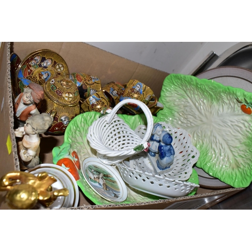 370 - THREE BOXES TEAWARES AND ORNAMENTS, to include a stainless steel meat caring dish, a set of Royal Wi... 