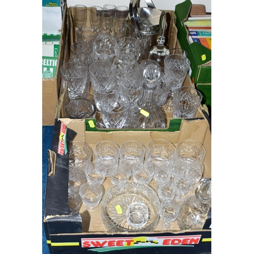 372 - TWO BOXES OF CUT GLASS, to include two decanters, whisky tumblers, a set of six wine glasses, a set ... 