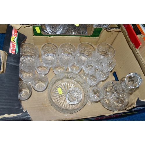 372 - TWO BOXES OF CUT GLASS, to include two decanters, whisky tumblers, a set of six wine glasses, a set ... 