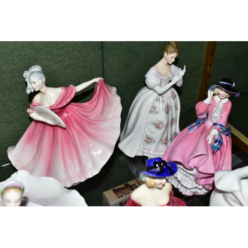 376 - SIX ROYAL DOULTON FIGURINES, comprising Genevieve HN1962, The Ballerina HN2116 (chips to rear hem of... 