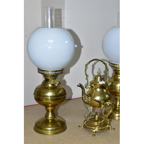 394 - A GROUP OF TABLE LAMPS, comprising a pair of modern metallic brown table lamp bases with mismatched ... 