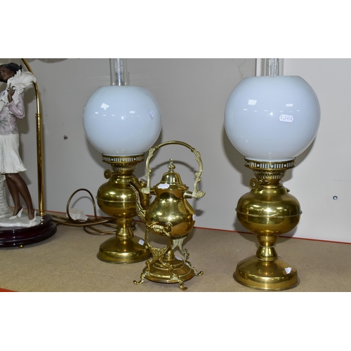 394 - A GROUP OF TABLE LAMPS, comprising a pair of modern metallic brown table lamp bases with mismatched ... 