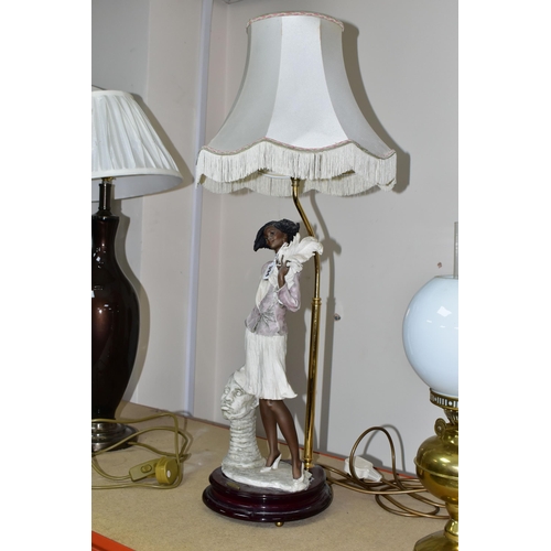 394 - A GROUP OF TABLE LAMPS, comprising a pair of modern metallic brown table lamp bases with mismatched ... 