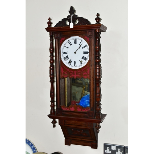 390 - A WALL CLOCK AND A BAROMETER, comprising a large wooden cased wall clock, back bears partial Jerome ... 