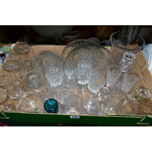 399 - FOUR BOXES OF CERAMICS, CUT GLASS AND GLASSWARES, to include a small stein, crystal rose bowl golf t... 