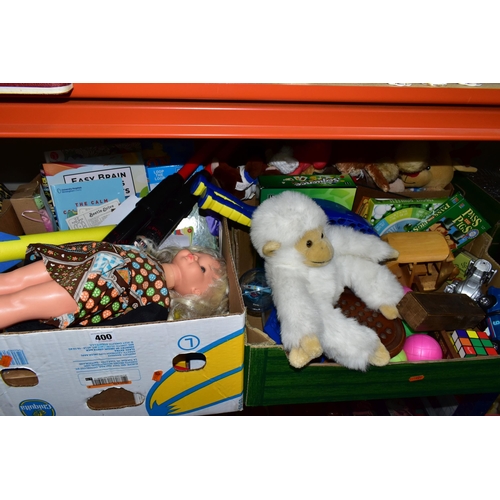 400 - THREE BOXES OF TOYS, SOFT TOYS AND BOARD GAMES, to include XStream rocket launchers, boxed set of Pa... 