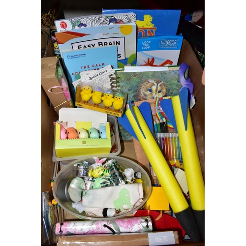 400 - THREE BOXES OF TOYS, SOFT TOYS AND BOARD GAMES, to include XStream rocket launchers, boxed set of Pa... 