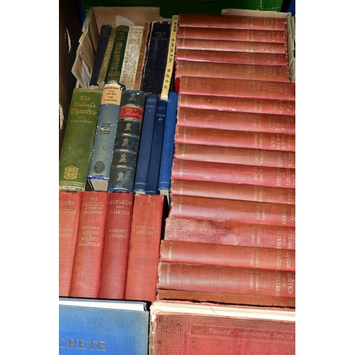 402 - TWO BOXES OF ANTIQUARIAN BOOKS, to include twenty two Macmillan & Co. Rudyard Kipling novels, a Phil... 