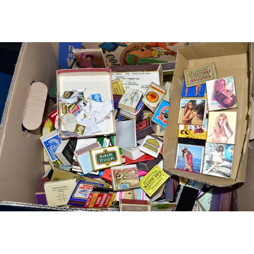 403 - FIVE BOXES OF MISCELLANEOUS SUNDRIES, to include a large collection of vintage matchboxes, five larg... 