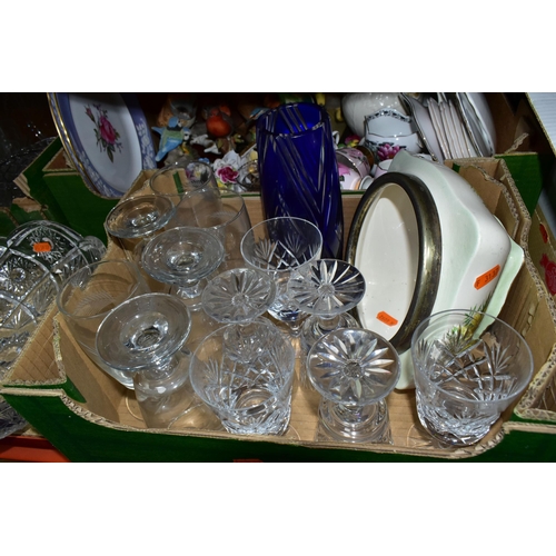 410 - FOUR BOXES OF GLASSWARE AND ORNAMENTS, to include a set of six ale glasses, a set of six crystal win... 