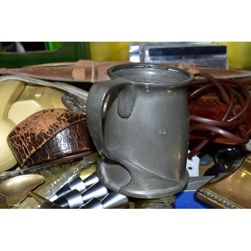 411 - FOUR BOXES AND LOOSE OF METALWARE AND MISCELLANEOUS ITEMS, to include a Tudric Pewter tankard with a... 