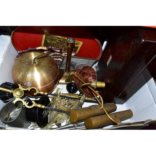 411 - FOUR BOXES AND LOOSE OF METALWARE AND MISCELLANEOUS ITEMS, to include a Tudric Pewter tankard with a... 