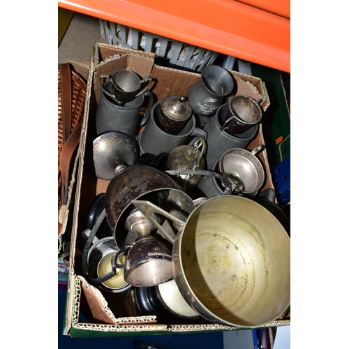 411 - FOUR BOXES AND LOOSE OF METALWARE AND MISCELLANEOUS ITEMS, to include a Tudric Pewter tankard with a... 