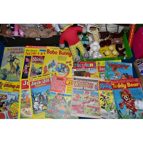 413 - A QUANTITY OF ASSORTED TOYS AND GAMES ETC., to include boxed 1960's Coronation Street jigsaw, Waddin... 