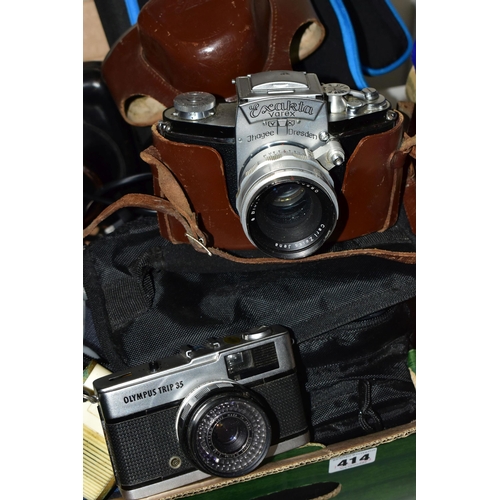 414 - A BOX OF CAMERAS, to include a leather cased Exakta Varex camera with Carl Zeiss Jena f2 58mm lens (... 