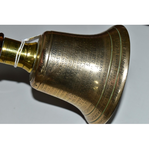 418 - BRASSWORKERS TRADE UNION INTEREST - AN UNUSUAL LATE VICTORIAN BRASS HAND BELL WITH TURNED WOODEN HAN... 