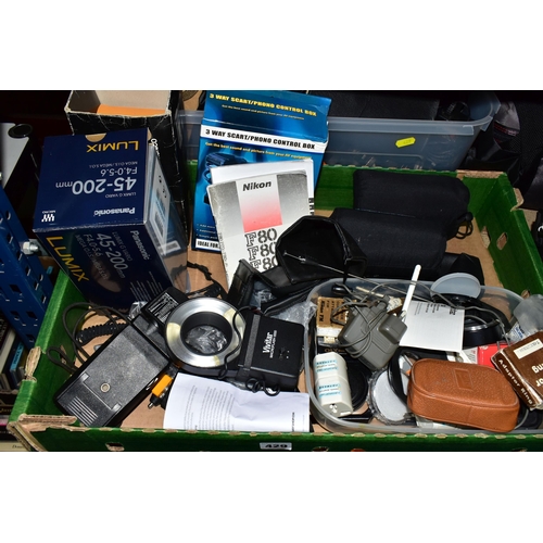 429 - THREE BOXES AND LOOSE CAMERAS, PHOTOGRAPHIC AND OPTICAL EQUIPMENT, to include a Panasonic DMC-FZ30 f... 