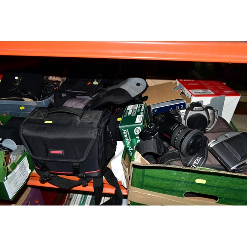 429 - THREE BOXES AND LOOSE CAMERAS, PHOTOGRAPHIC AND OPTICAL EQUIPMENT, to include a Panasonic DMC-FZ30 f... 