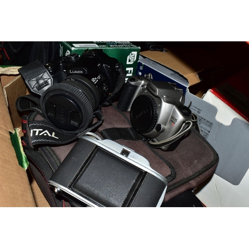 429 - THREE BOXES AND LOOSE CAMERAS, PHOTOGRAPHIC AND OPTICAL EQUIPMENT, to include a Panasonic DMC-FZ30 f... 