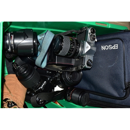 430 - A BOX OF CAMERAS AND CAMERA EQUIPMENT, to include a Nikon F-601 fitted with a 4-5.6 55-200mm lens,  ... 