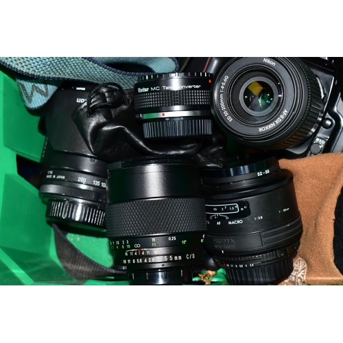 430 - A BOX OF CAMERAS AND CAMERA EQUIPMENT, to include a Nikon F-601 fitted with a 4-5.6 55-200mm lens,  ... 