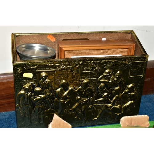 432 - A BOX AND LOOSE METALWARES, CAMERA, TRIPOD AND SUNDRY ITEMS, to include a heavy brass figure of a St... 