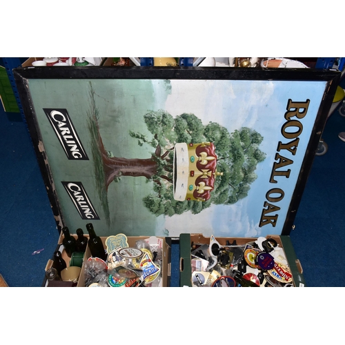 445 - FOUR BOXES OF PUB BEER ENGINE TAP SIGNS AND AN ORIGINAL PUB SIGN, comprising 'The Royal Oak' hand pa... 