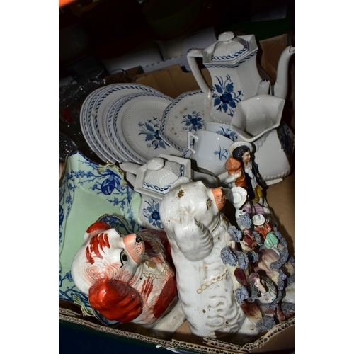 450 - THREE BOXES OF CERAMICS AND GLASSWARE, to include a gilt figural table lamp, a white ceramic table l... 