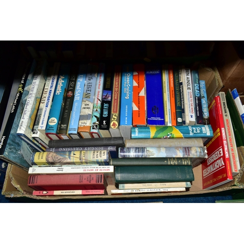 453 - FOUR BOXES OF BOOKS, to include over ninety hardback books on the topic of sailing, yachting, rowing... 