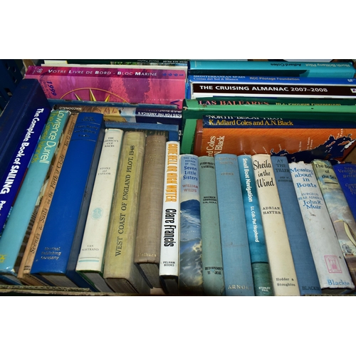 453 - FOUR BOXES OF BOOKS, to include over ninety hardback books on the topic of sailing, yachting, rowing... 