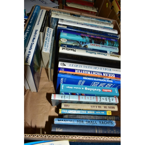 453 - FOUR BOXES OF BOOKS, to include over ninety hardback books on the topic of sailing, yachting, rowing... 