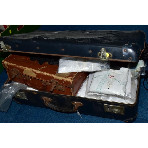 454 - TWO VINTAGE SUITCASES, comprising a small brown 1940's suitcase containing a collection of vintage r... 