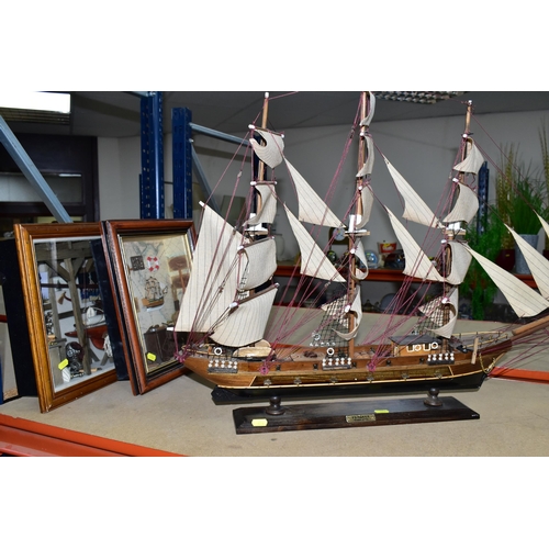 456 - TWO MODEL SAILING SHIPS AND THREE NAUTICAL THEMED DIORAMA, comprising a hand painted galleon with wa... 