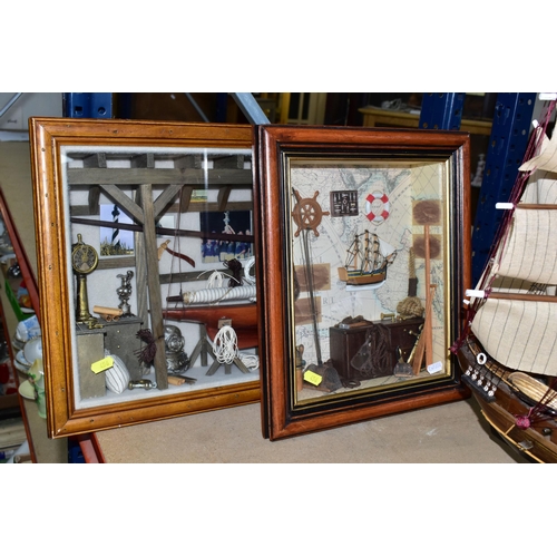 456 - TWO MODEL SAILING SHIPS AND THREE NAUTICAL THEMED DIORAMA, comprising a hand painted galleon with wa... 