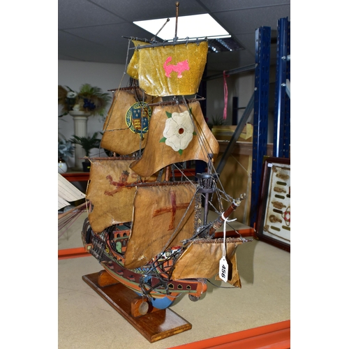 456 - TWO MODEL SAILING SHIPS AND THREE NAUTICAL THEMED DIORAMA, comprising a hand painted galleon with wa... 