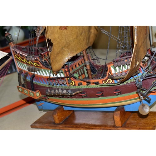 456 - TWO MODEL SAILING SHIPS AND THREE NAUTICAL THEMED DIORAMA, comprising a hand painted galleon with wa... 