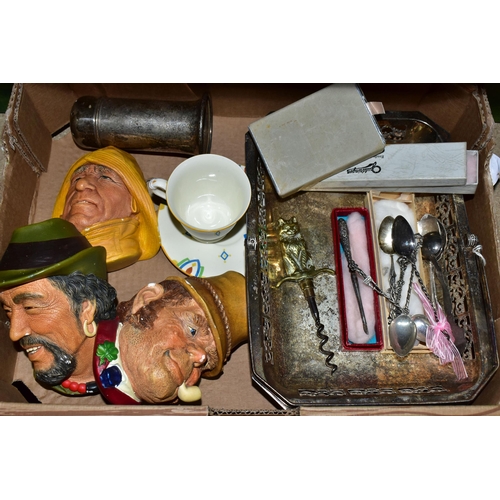 458 - TWO BOXES OF METALWARE AND CERAMICS, to include a Minton's 'The Mexican' pattern coffee cup and sauc... 