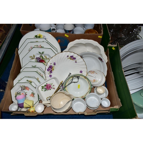 460 - SIX BOXES OF CERAMICS AND GLASSWARE, to include a large quantity of mugs, dinner plates, cake stands... 