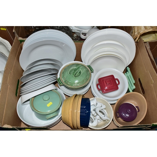 460 - SIX BOXES OF CERAMICS AND GLASSWARE, to include a large quantity of mugs, dinner plates, cake stands... 